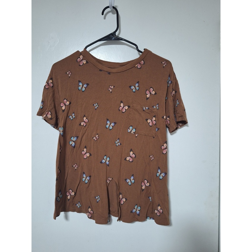 No Boundaries Juniors M 7-9 Brown Butterfly T-Shirt Short Sleeve Pocket Hem Slit